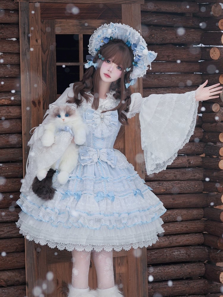 Blue Hanayome Bowknots Layered Skirt Sweet Hime Lolita Jumper Skirt Set