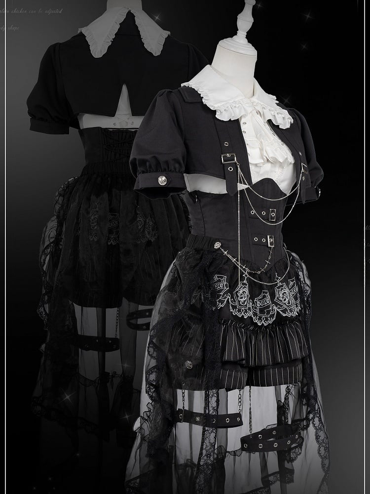 Schwarz-weißes Prince Ouji Lolita-Outfit – weißes ärmelloses Hemd + schwarzes kurzes Top + Blommer-Shorts mit hoher Taille, komplettes Set