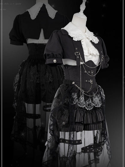 Schwarz-weißes Prince Ouji Lolita-Outfit – weißes ärmelloses Hemd + schwarzes kurzes Top + Blommer-Shorts mit hoher Taille, komplettes Set