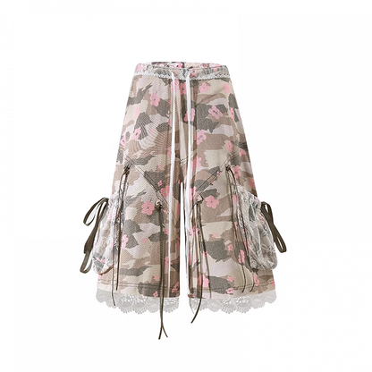 Details Camouflage Drawstring Waist Bowknot Lace Trim Wide-leg