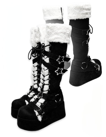 Y2K Black Star Buckle Straps Plush Trim Platform Boots