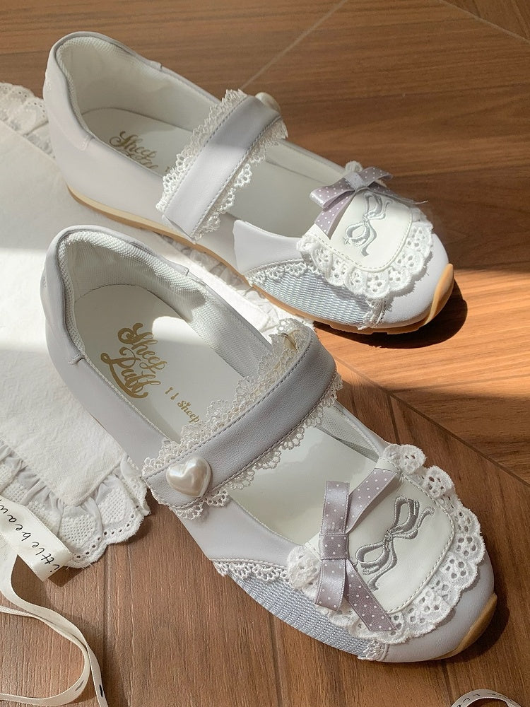 Sneakers Flat with Sweet Bow Lace Edging Gray Decorative Lolita - Velcro Fastening Style