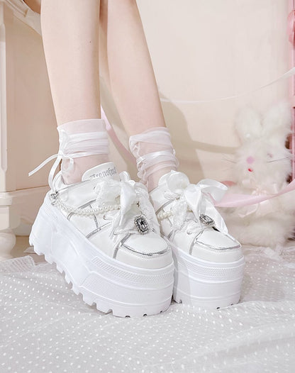 Jirai Kei White Rhinestone Platform Shoes with Detachable Beaded Chain