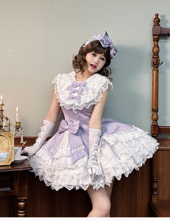 Purple Striped Fabric Slim Fit Waist White Layered Ruffle Neck Sweet Lolita Sleeveless Dress