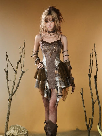 Asymmetrical Snakeskin Hem Pattern Punk Wasteland Brown Contrast Lace Patches Top Cami