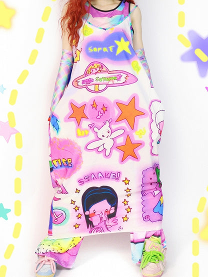 Cartoon Cami And Star Colorful Print Dress