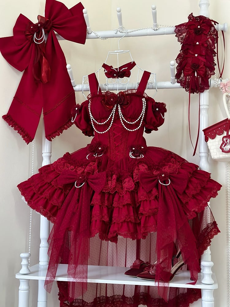 Waist Flower Basque Hem Fairy Skirt Dress Jumper Tiered Red Lolita Hanayome
