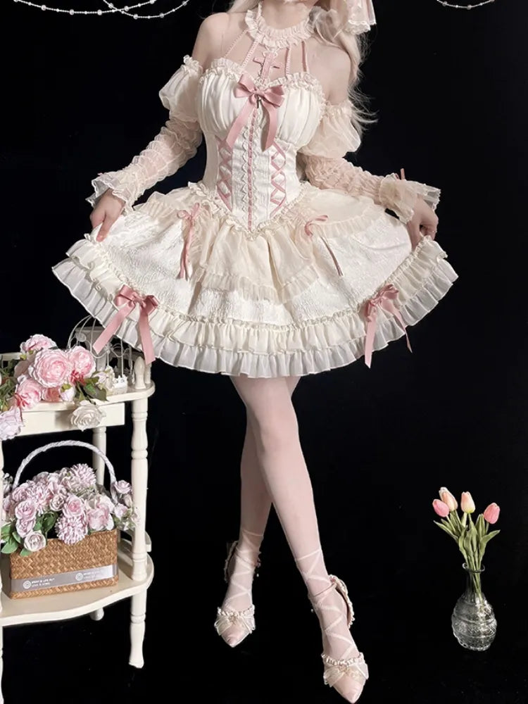 Cross Belle Ivory and Pink Corset Dress Halter Neck Balletcore Lolita JSK