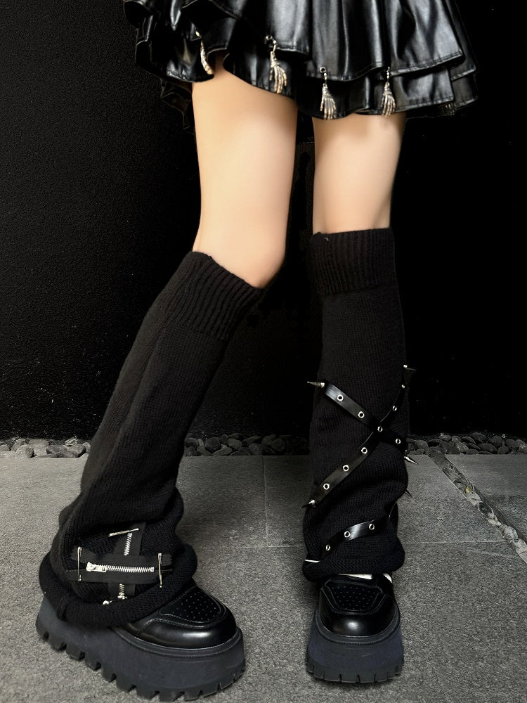Punk Black Zippers and Criss-cross Straps Adorned Studs Knit Leg Warmers