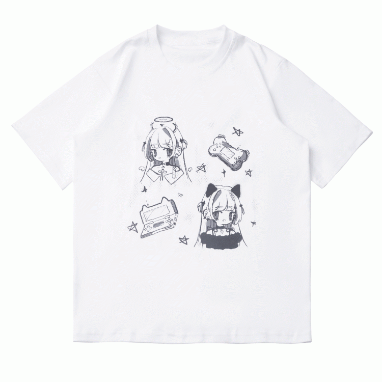 Graues T-Shirt Anime Girl Print Weiß/Dunkel Rundhals Baumwolle