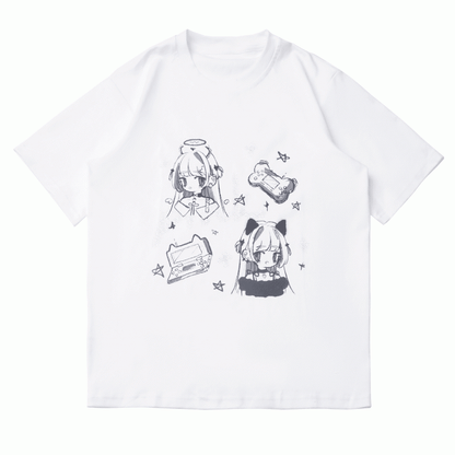 Graues T-Shirt Anime Girl Print Weiß/Dunkel Rundhals Baumwolle