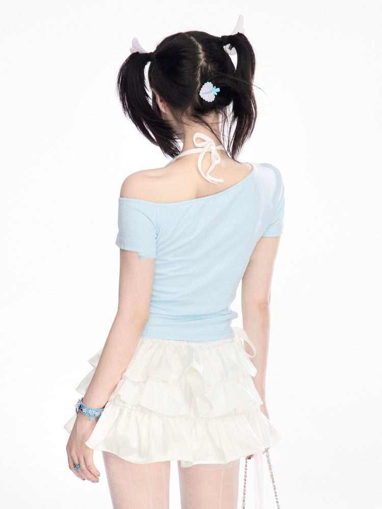 Mint Blue Asymmetrical Neckline Lace-up Rhinestone Letter T-Shirt Side