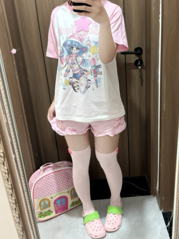T-Shirt mit Anime-Mädchen-Print, Stern und Halsband, rosa und weißes Colorblock-Design, kostenlos