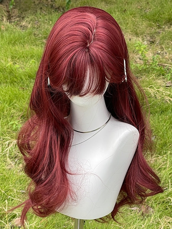 Rose Red Long Wavy Synthetic Wig With Bangs