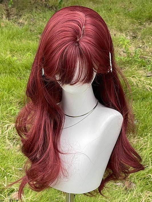 Rose Red Long Wavy Synthetic Wig With Bangs