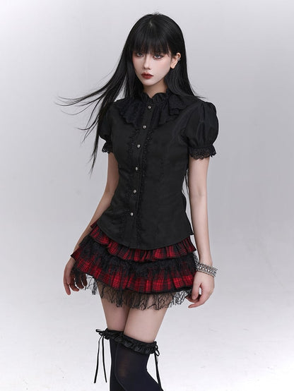 Tie Black Puff Sleeves Vintage Gothic Blouse with Detachable Jabot