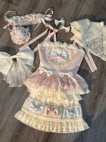 Skirt Lolita + Accents Puff Pink Full Sleeves and Set Cami Sweet - Top Cropped Bow Blue