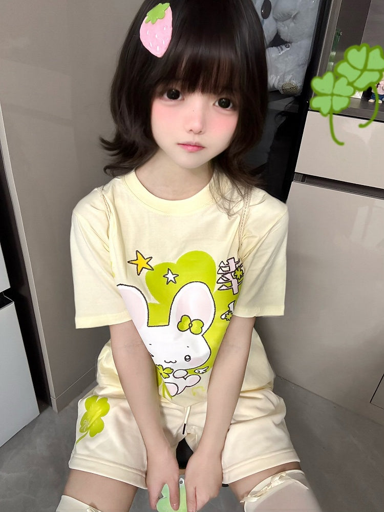 Four Lucky Cotton T-shirt Leaf Clover and Bunny Print Apricot