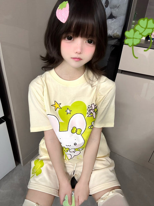 Four Lucky Cotton T-shirt Leaf Clover and Bunny Print Apricot