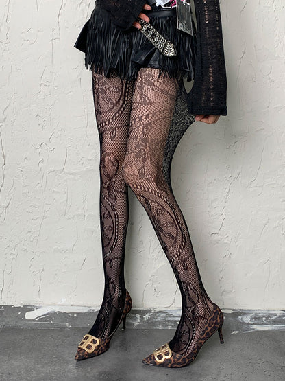 Black Y2K Floral Pattern Fishnet Tights