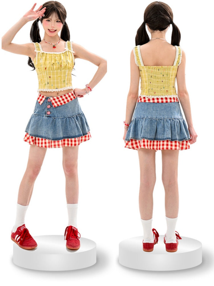 Trim Lace Star Print Top Yellow Plaid Cropped Sleeveless