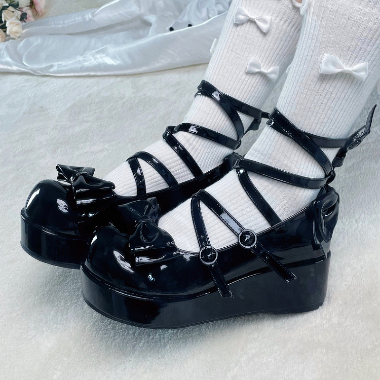 Black Bowknot Buckle Straps Round Toe Platform Lolita Shoes