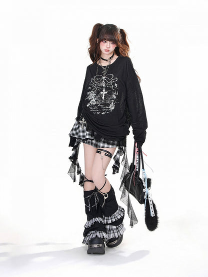Black/White Semi-sheer Cross Print Drawstring Waist Loose Sweatshirt