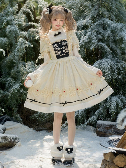 and Neckline Beige Long Sleeves Cuffs Lolita Floral Plush Dress Bodice Embroidery