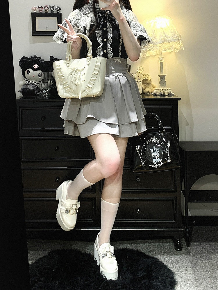 Jirai Kei Black/Blue/White Cutout Shoulder Cape Design Lace Blouse