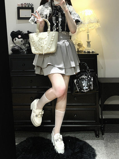 Jirai Kei Black/Blue/White Cutout Shoulder Cape Design Lace Blouse