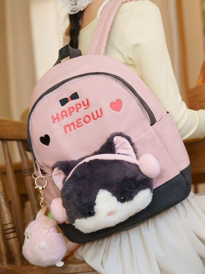 A PinkGray Embroidery Heart With Suede And Backpack Letter Plushie Kitty Detachable