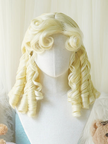 Perruque noire/blond clair/rose/brun foncé/blond, longueur au-dessus de la poitrine, avec frange bouclée romaine