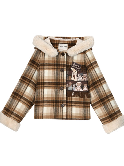 Brown Cute Little Bears Applique Plaid Hooded Woolen Coat Short Version