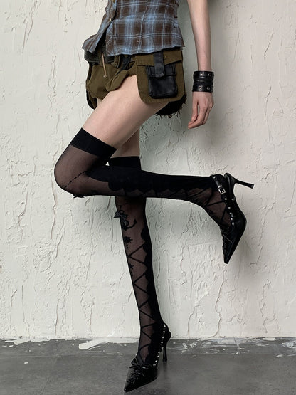 Semi-shee Anchor Rudder Print Over Y2K Knee and Stockings Black