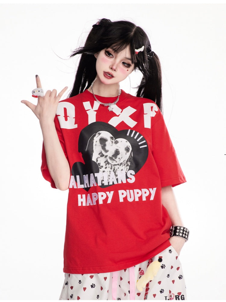 Red Crew Neck Dalmatian Print Vintage T-Shirt