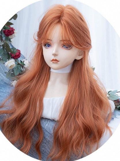 Orange Long Wavy Synthetic Wig With Curtain Bangs