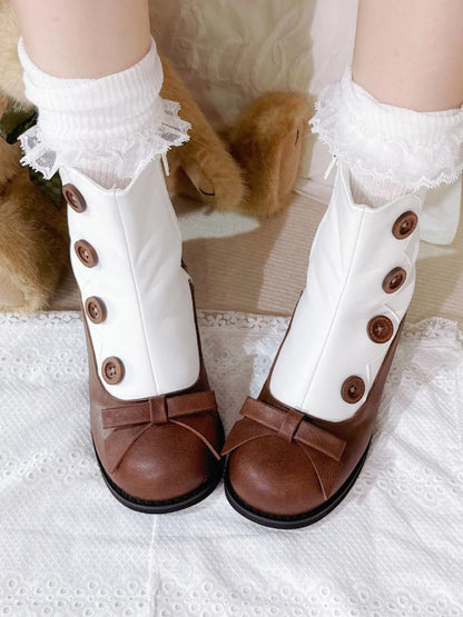 Decorative White Heel Design Lolita Classic Mid with Boots- Brown Buttons