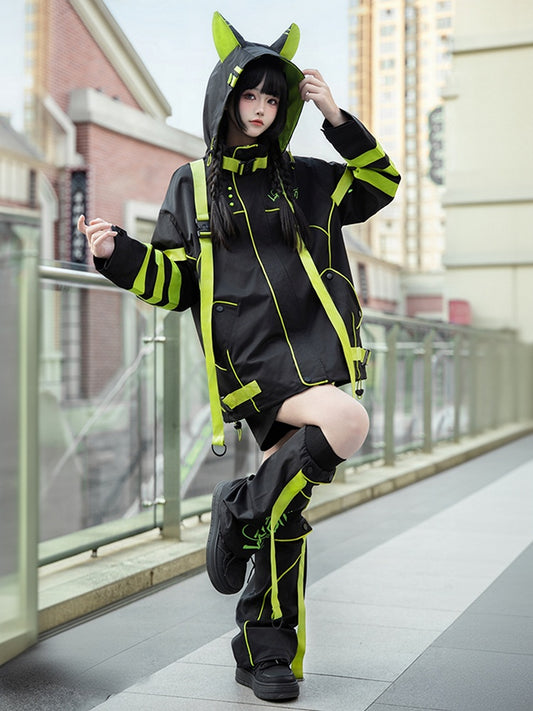 Black and Chartreuse Futuristic Cyber Fashion Techwear Outfit - Windbreaker Baggy Jacket + Shorts/Pants + Leg Warmers Full Set