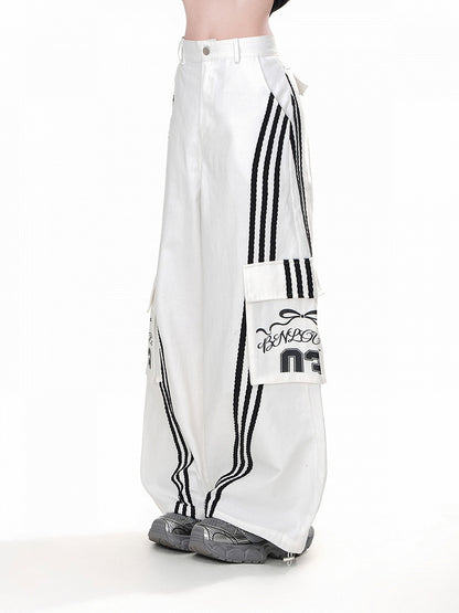 Pants Wide-leg Black Cargo Loose White Pockets