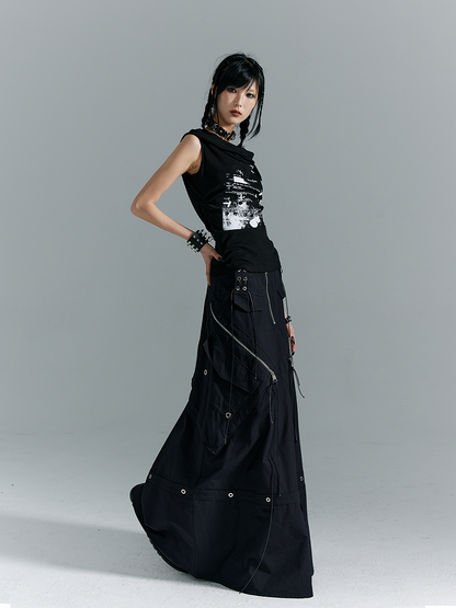 Black A-Line with Buckles Punk Pockets Metal Skirt Zippered