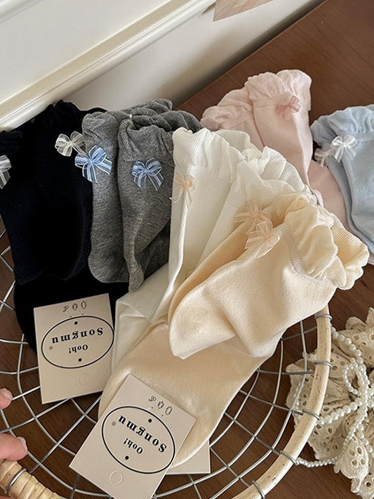 Details Pink/Blue/Black/White/Yellow/Gray Bowknot Calf Ruffled Socks Cuff