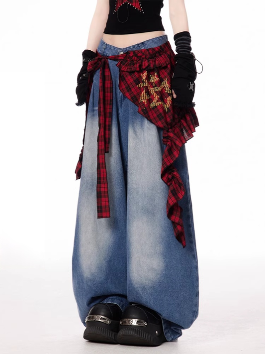 Wide-leg Jeans with Blue Accessory Plaid Faded Wash Vintage Red Rise Waist Low