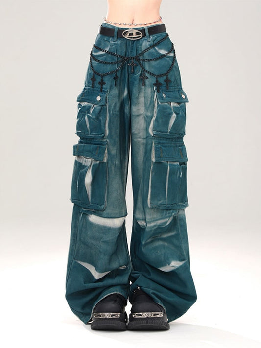 Dark Blue Cargo Pockets High Street Wide Leg Jeans