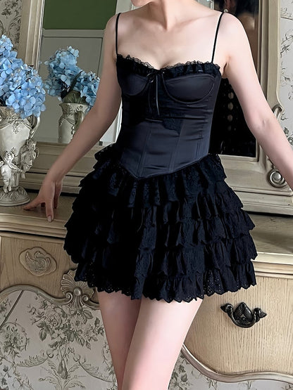 Black Satin Spaghetti Straps Boned Corset Top