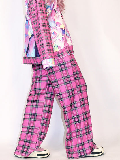 Version Pattern Rose Plaid Wide-leg Pants Gyaru Red Fashion Thicken Cut