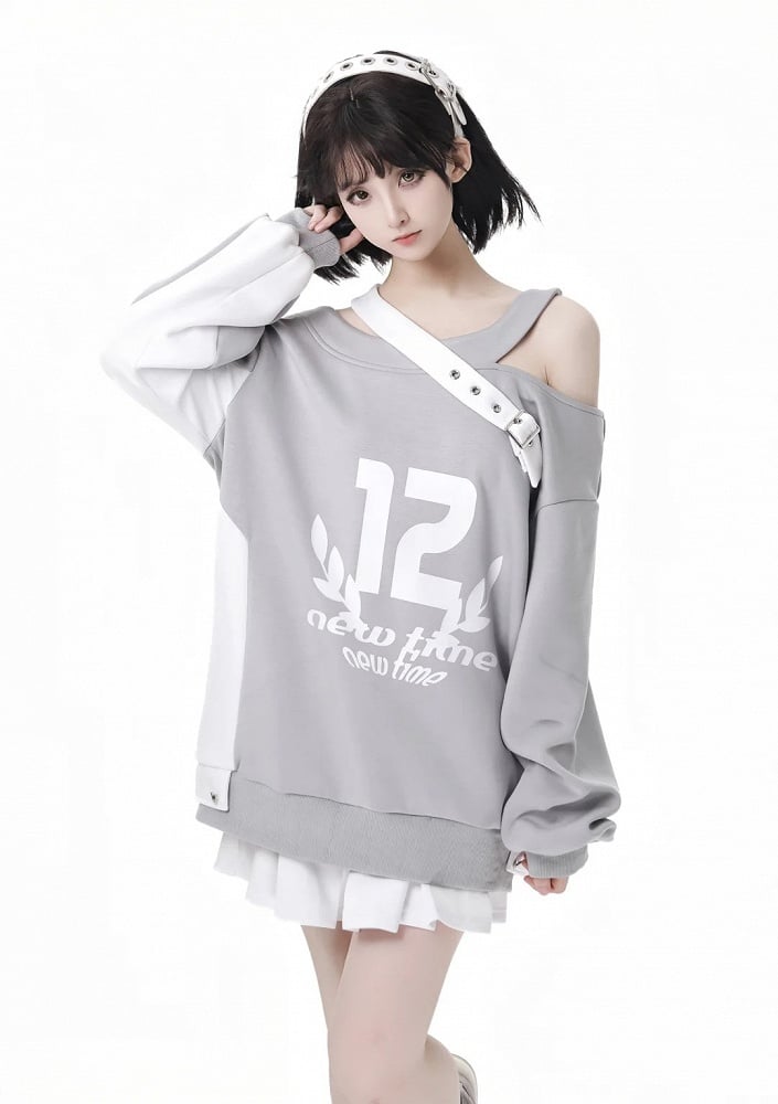 Design Colorblock Gray White Asymmetrical Neckline Cutout Shoulder Spring Sweatshirt