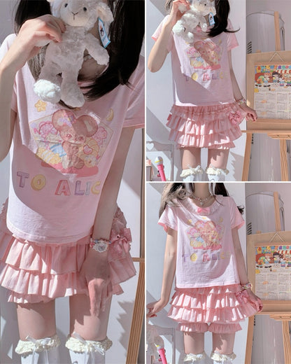 Short Version Adorable Mouse Print White/Pink Lace Trim T-Shirt