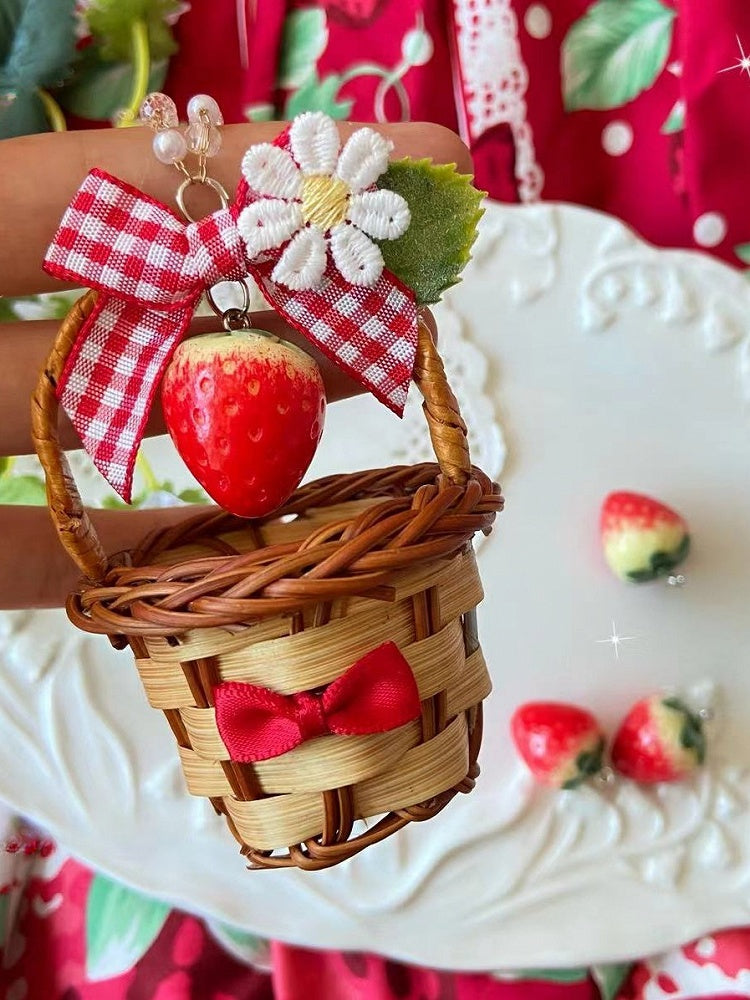 Pendant Details Floral Strawberry Decorated Necklace Red Bowknot Basket And Beaded