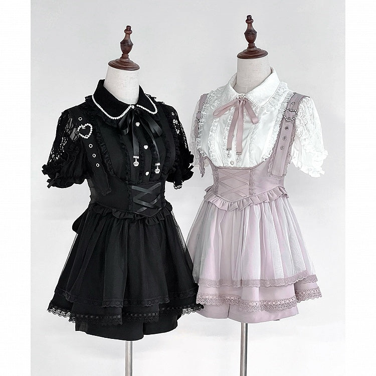 Buckle Straps Heart Details Jirai Kei Overall Dress Adjustable Shoulder Pink with Beaded