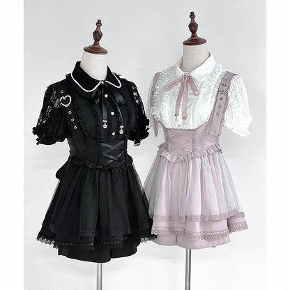 Buckle Straps Heart Details Jirai Kei Overall Dress Adjustable Shoulder Pink with Beaded